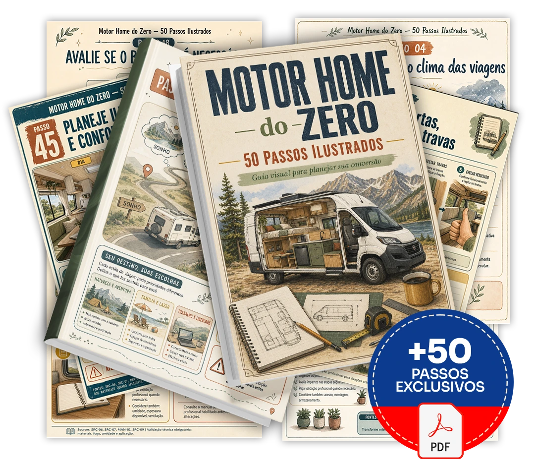 Mockup principal do Motor Home do Zero — 50 Passos Ilustrados