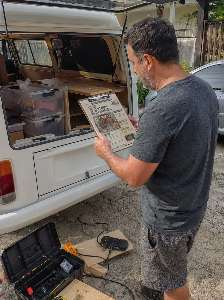 Homem consultando o guia ao lado de uma Kombi