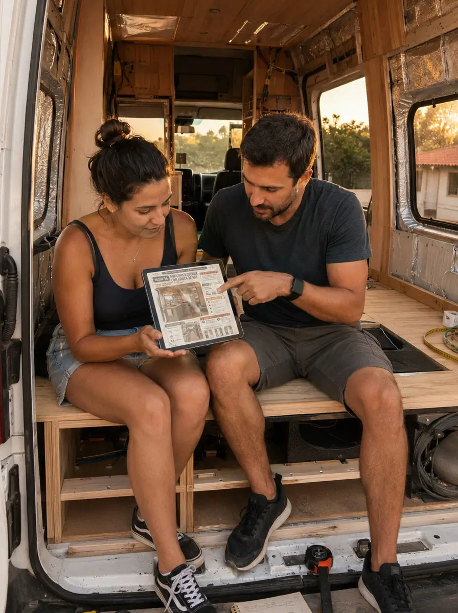 Casal consultando o guia dentro de uma van
